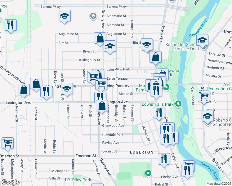 map of restaurants, bars, coffee shops, grocery stores, and more near in Rochester