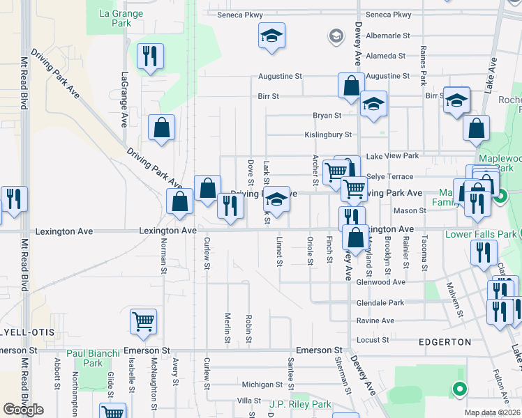 map of restaurants, bars, coffee shops, grocery stores, and more near 53 Lark Street in Rochester