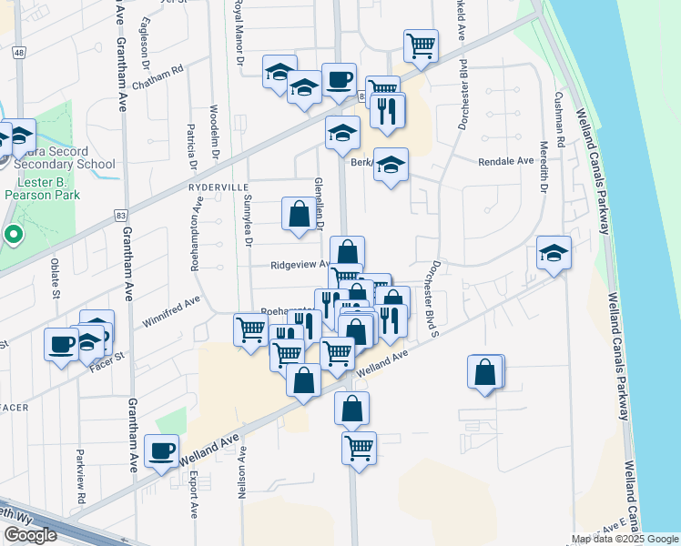 map of restaurants, bars, coffee shops, grocery stores, and more near 40 Ridgeview Avenue in St. Catharines