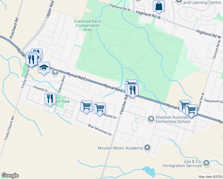 map of restaurants, bars, coffee shops, grocery stores, and more near 1937 Rymal Road East in Hamilton