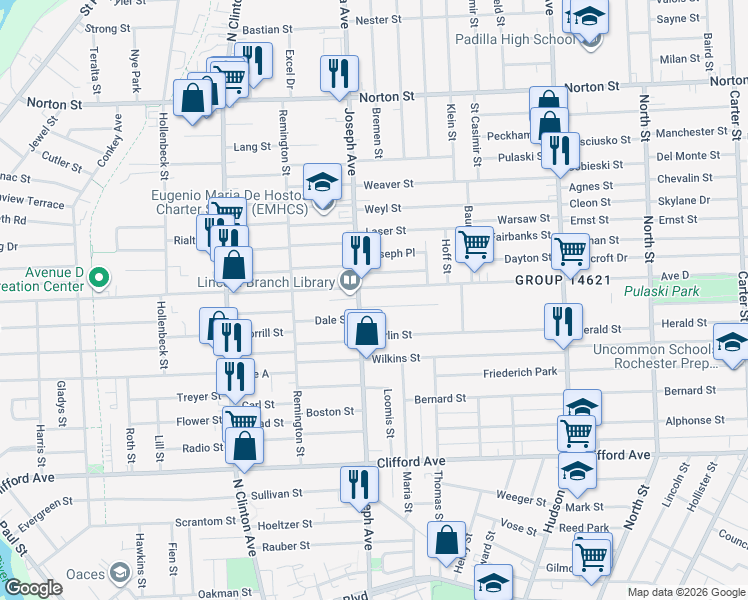 map of restaurants, bars, coffee shops, grocery stores, and more near 607 Avenue D in Rochester