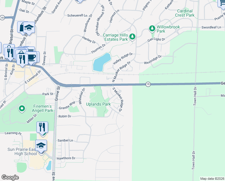 map of restaurants, bars, coffee shops, grocery stores, and more near 202 South Musket Ridge Drive in Sun Prairie
