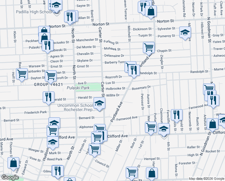 map of restaurants, bars, coffee shops, grocery stores, and more near 30 Holbrooke Street in Rochester