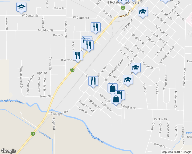 map of restaurants, bars, coffee shops, grocery stores, and more near 937 South Shilling Avenue in Blackfoot