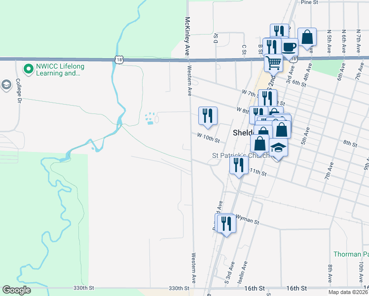 map of restaurants, bars, coffee shops, grocery stores, and more near 1050 Western Avenue in Sheldon