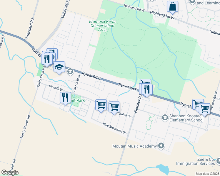 map of restaurants, bars, coffee shops, grocery stores, and more near 1898 Rymal Road East in Hamilton