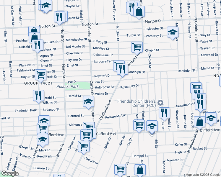 map of restaurants, bars, coffee shops, grocery stores, and more near 93 Holbrooke Street in Rochester