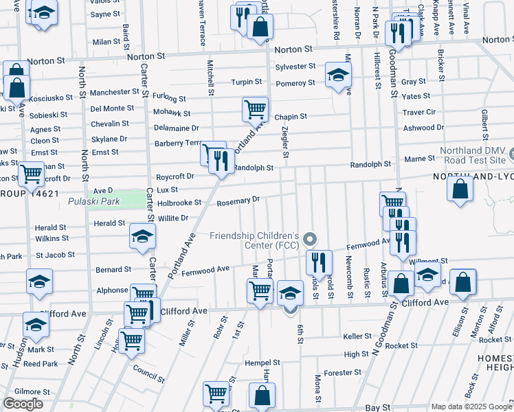 map of restaurants, bars, coffee shops, grocery stores, and more near 124 Aurora Street in Rochester