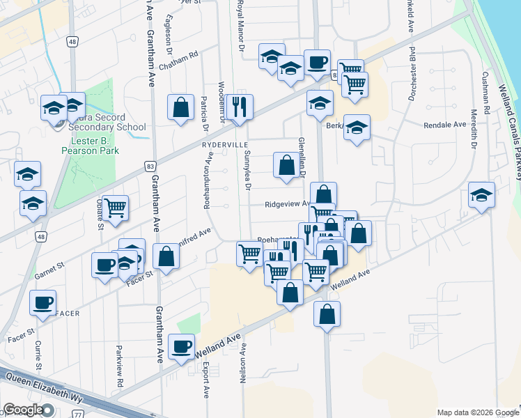 map of restaurants, bars, coffee shops, grocery stores, and more near 11 Ridgeview Avenue in St. Catharines