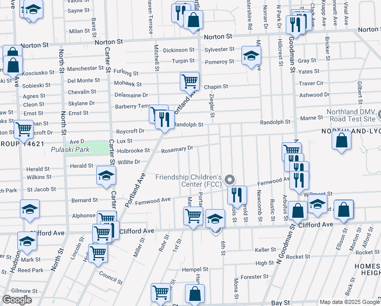 map of restaurants, bars, coffee shops, grocery stores, and more near 124 Aurora Street in Rochester