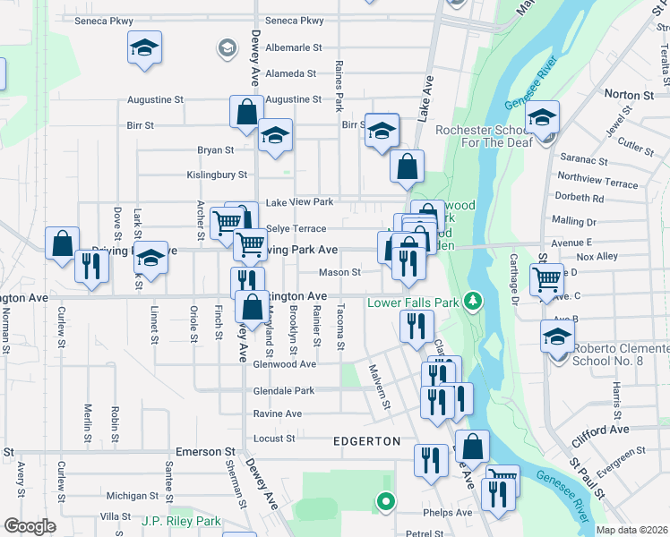 map of restaurants, bars, coffee shops, grocery stores, and more near 86 Mason Street in Rochester