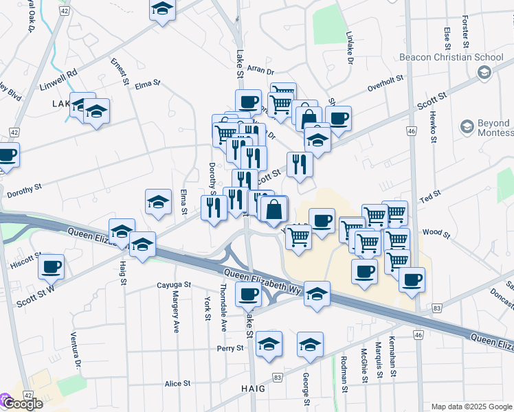 map of restaurants, bars, coffee shops, grocery stores, and more near 270 Lake Street in St. Catharines