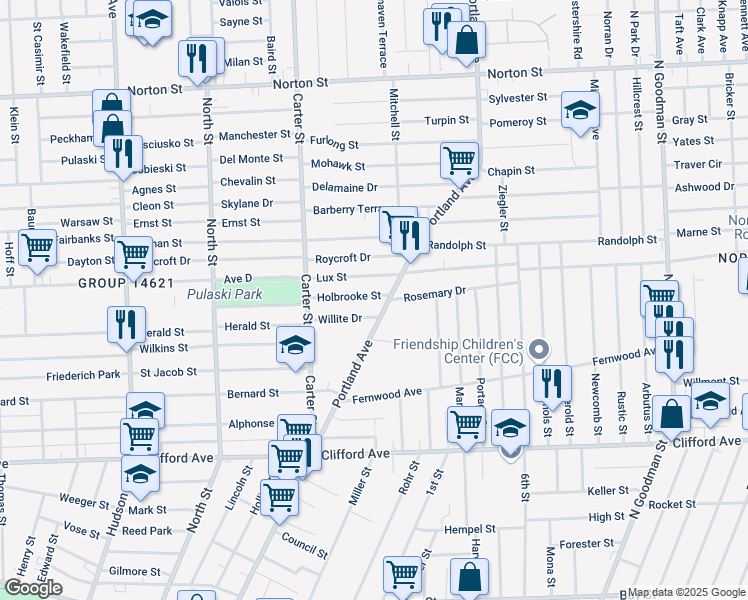 map of restaurants, bars, coffee shops, grocery stores, and more near 99 Holbrooke Street in Rochester