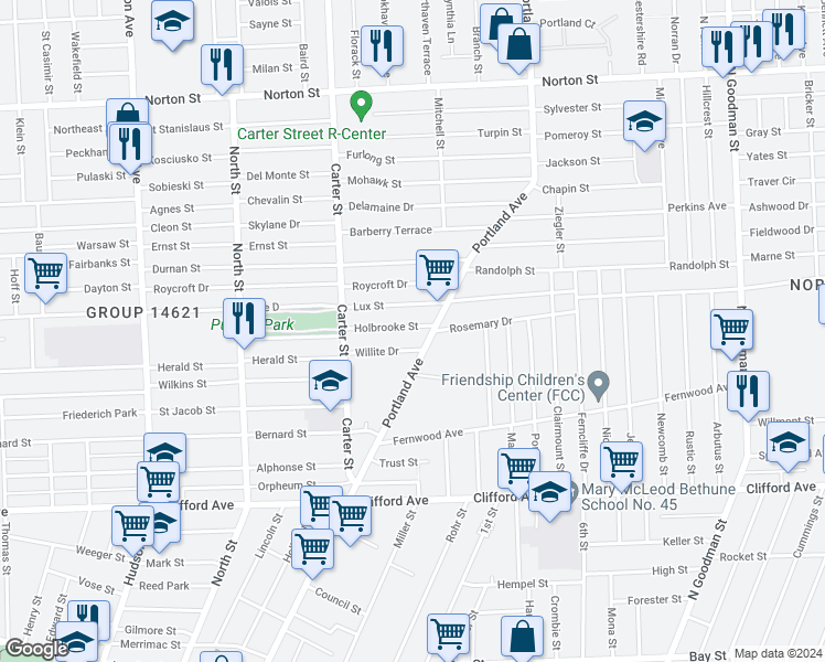 map of restaurants, bars, coffee shops, grocery stores, and more near 84 Holbrooke Street in Rochester