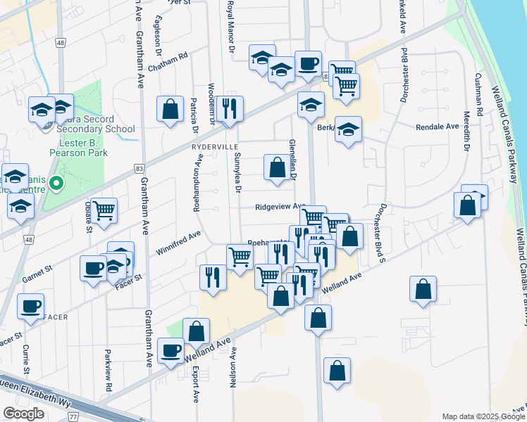 map of restaurants, bars, coffee shops, grocery stores, and more near 11 Ridgeview Avenue in St. Catharines