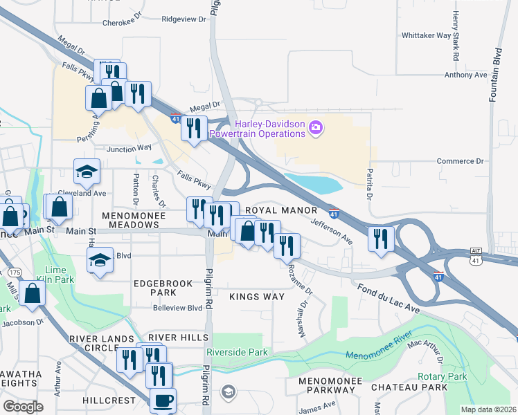 map of restaurants, bars, coffee shops, grocery stores, and more near N89W15388 Jefferson Avenue in Menomonee Falls