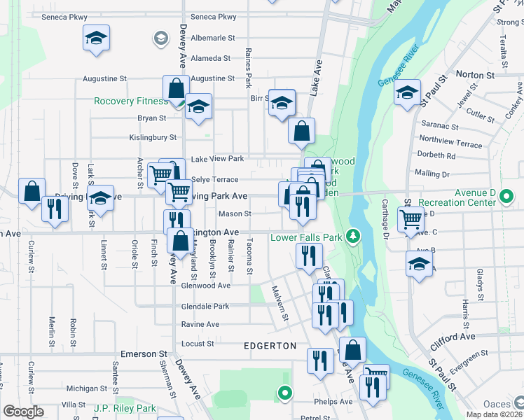 map of restaurants, bars, coffee shops, grocery stores, and more near 38 Mason Street in Rochester