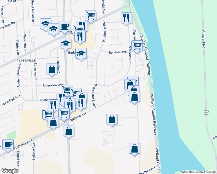 map of restaurants, bars, coffee shops, grocery stores, and more near 12 Meredith Drive in St. Catharines