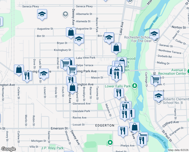 map of restaurants, bars, coffee shops, grocery stores, and more near 86 Mason Street in Rochester