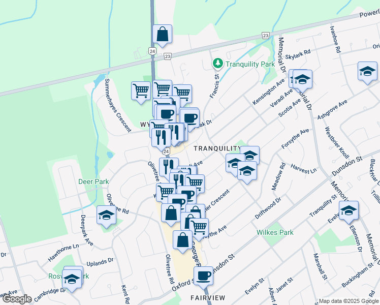 map of restaurants, bars, coffee shops, grocery stores, and more near 19 Grace Avenue in Brantford