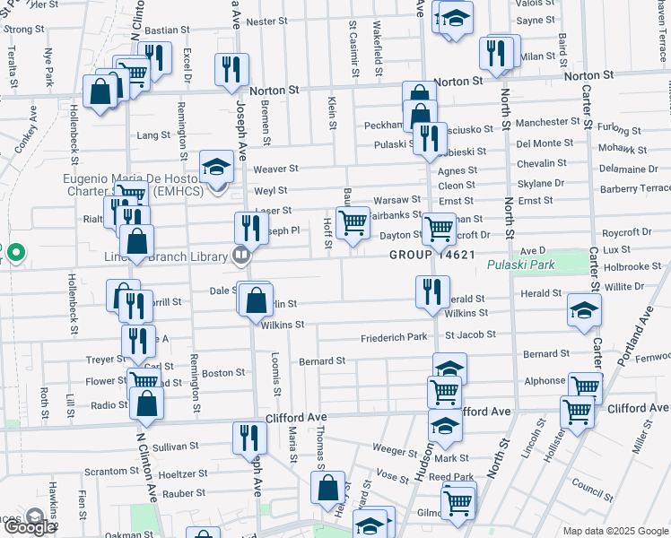 map of restaurants, bars, coffee shops, grocery stores, and more near 713 Avenue D in Rochester
