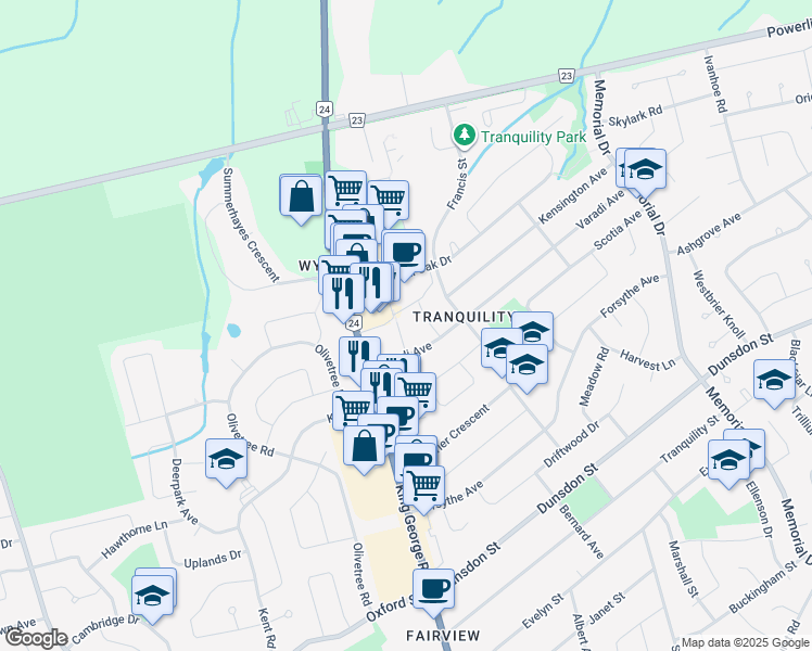 map of restaurants, bars, coffee shops, grocery stores, and more near 19 Grace Avenue in Brantford