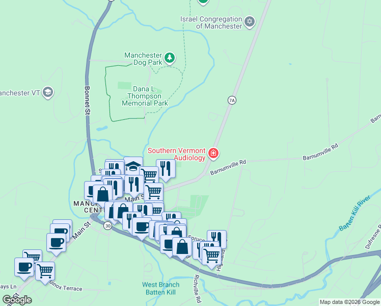 map of restaurants, bars, coffee shops, grocery stores, and more near Palmer House Motel in Bennington County