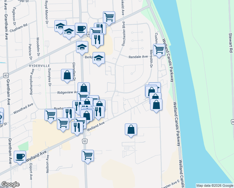 map of restaurants, bars, coffee shops, grocery stores, and more near 3 Tabitha Court in St. Catharines