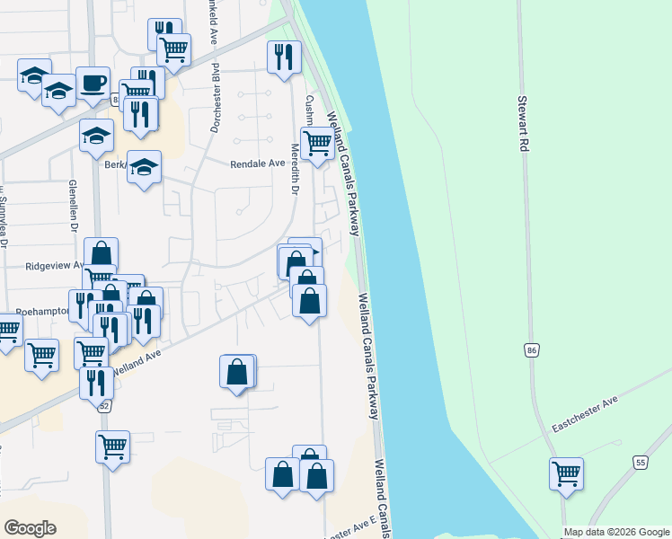 map of restaurants, bars, coffee shops, grocery stores, and more near 184 Cushman Road in St. Catharines