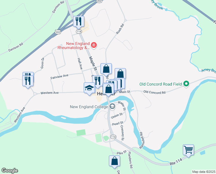 map of restaurants, bars, coffee shops, grocery stores, and more near 24 Rush Road in Henniker