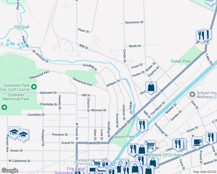map of restaurants, bars, coffee shops, grocery stores, and more near 295 Gooding Street in Lockport