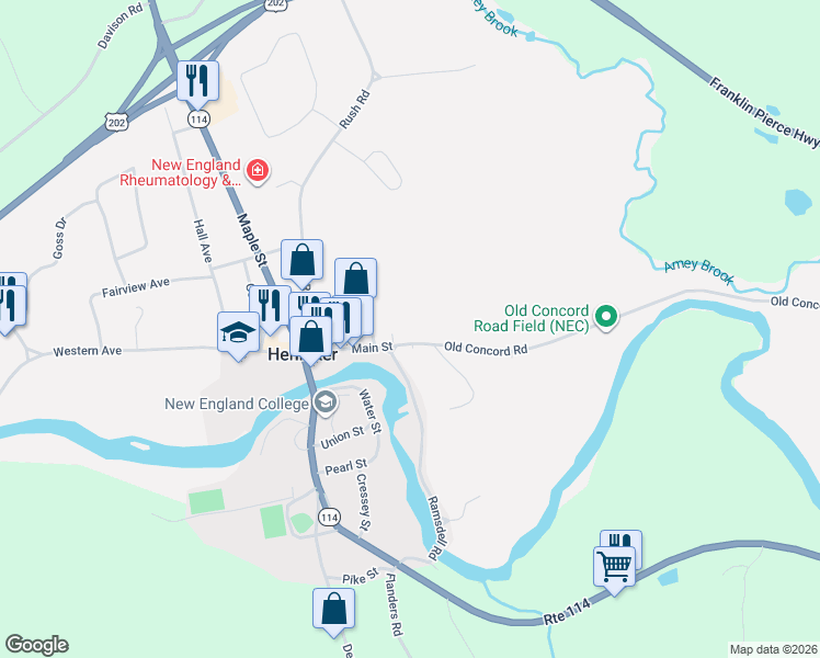 map of restaurants, bars, coffee shops, grocery stores, and more near 115 Main Street in Henniker