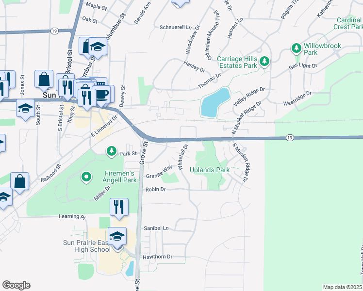 map of restaurants, bars, coffee shops, grocery stores, and more near 106 Whitetail Drive in Sun Prairie