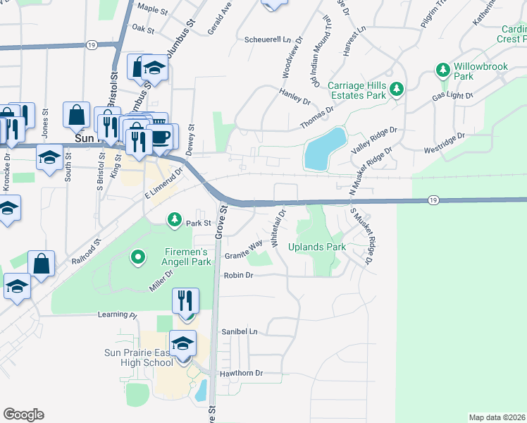 map of restaurants, bars, coffee shops, grocery stores, and more near 106 Whitetail Drive in Sun Prairie