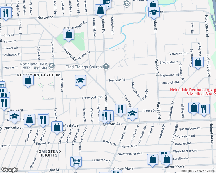 map of restaurants, bars, coffee shops, grocery stores, and more near 1904 Culver Road in Rochester