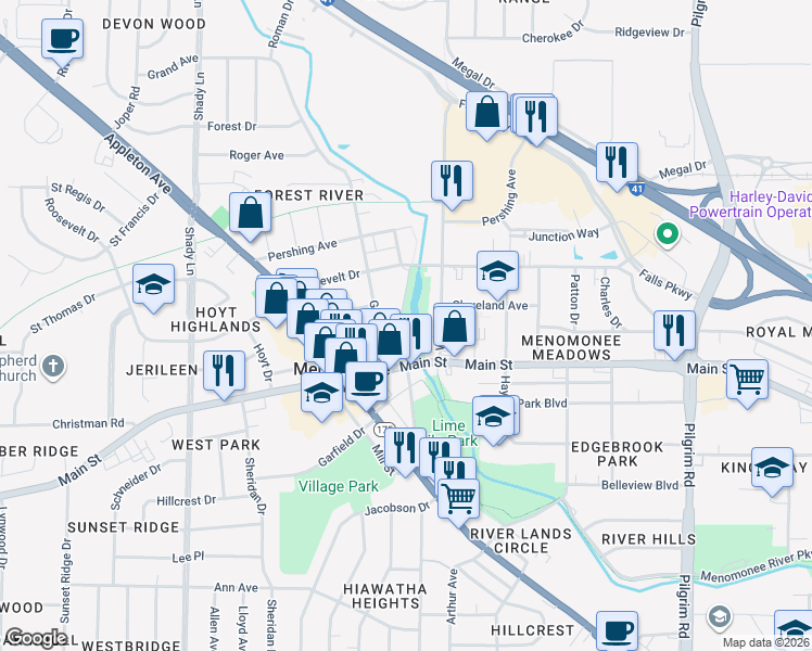 map of restaurants, bars, coffee shops, grocery stores, and more near N88W16460 Main Street in Menomonee Falls