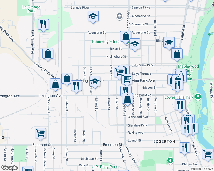 map of restaurants, bars, coffee shops, grocery stores, and more near 218 Oriole Street in Rochester