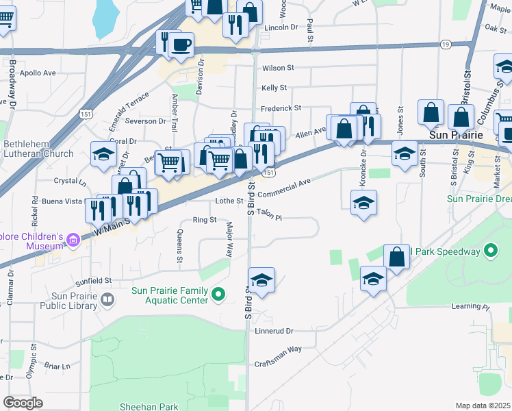 map of restaurants, bars, coffee shops, grocery stores, and more near 113 South Bird Street in Sun Prairie