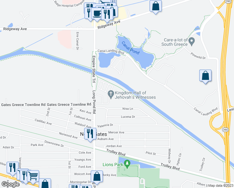 map of restaurants, bars, coffee shops, grocery stores, and more near 17 Samuel Way in Rochester