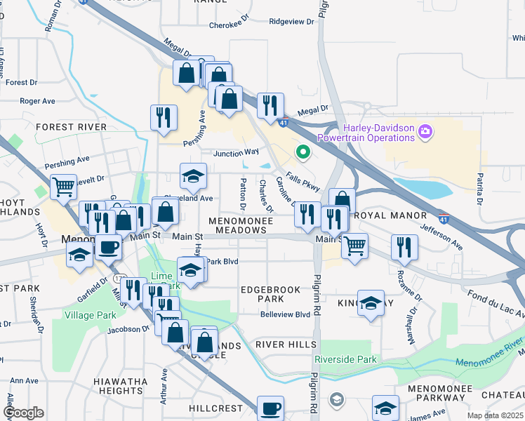 map of restaurants, bars, coffee shops, grocery stores, and more near W158N8961 Charles Drive in Menomonee Falls