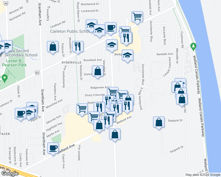 map of restaurants, bars, coffee shops, grocery stores, and more near 40 Ridgeview Avenue in St. Catharines