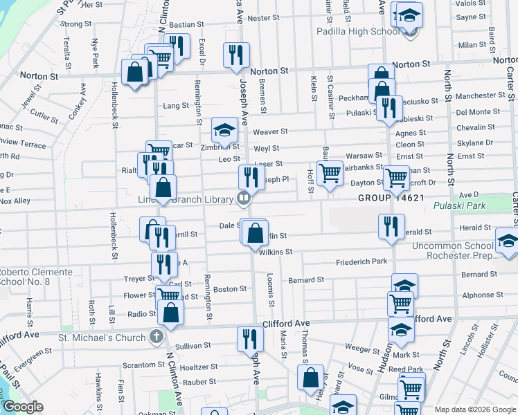 map of restaurants, bars, coffee shops, grocery stores, and more near 613 Avenue D in Rochester