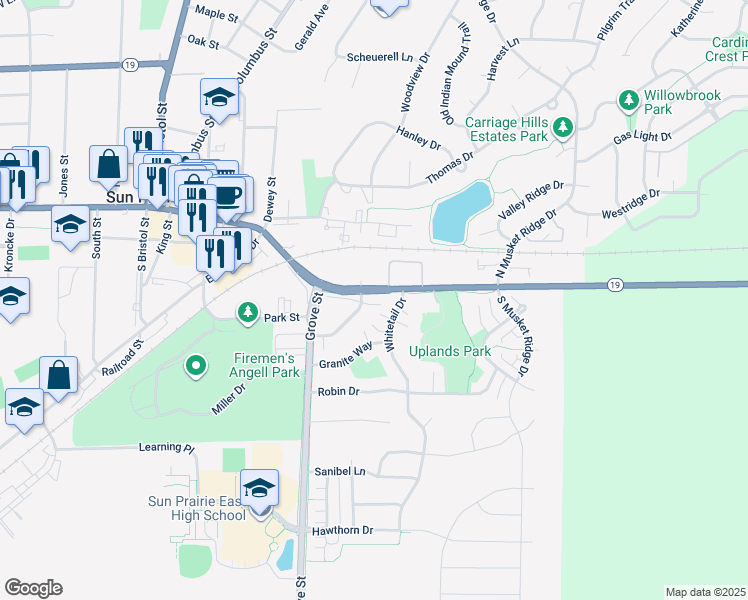 map of restaurants, bars, coffee shops, grocery stores, and more near 106 Whitetail Drive in Sun Prairie