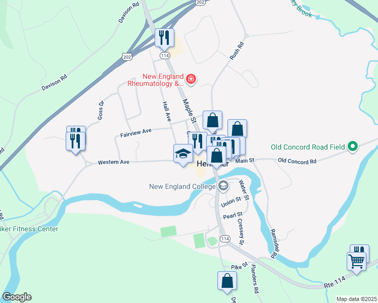 map of restaurants, bars, coffee shops, grocery stores, and more near 25 Gould Street in Henniker
