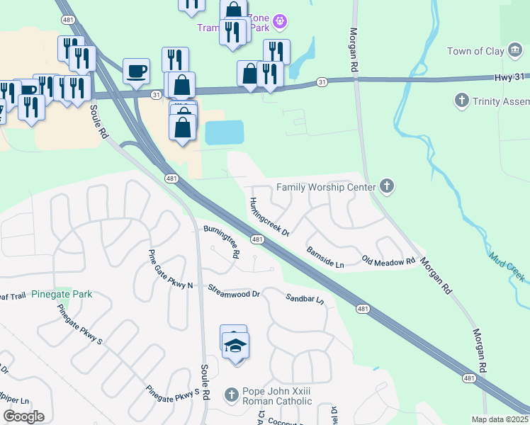 map of restaurants, bars, coffee shops, grocery stores, and more near 4215 Huntingcreek Drive in Clay
