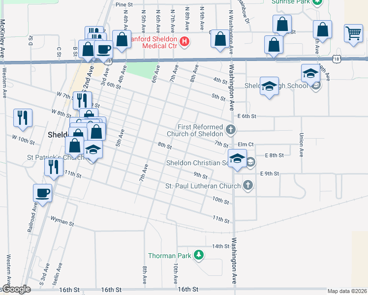 map of restaurants, bars, coffee shops, grocery stores, and more near 801-899 8th Street in Sheldon