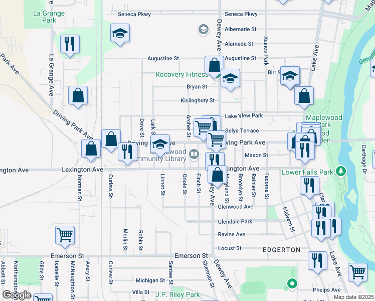 map of restaurants, bars, coffee shops, grocery stores, and more near 218 Oriole Street in Rochester
