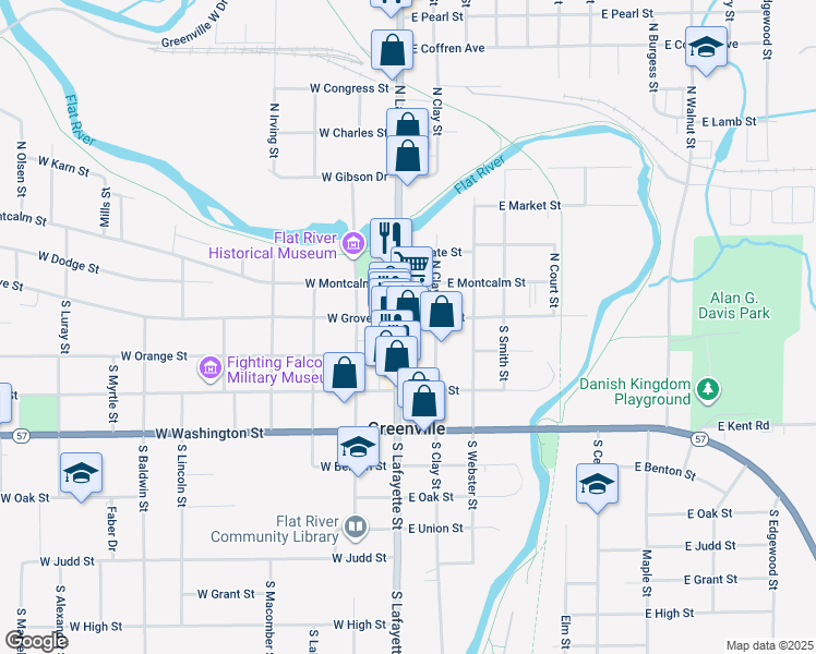 map of restaurants, bars, coffee shops, grocery stores, and more near 102 South Lafayette Street in Greenville