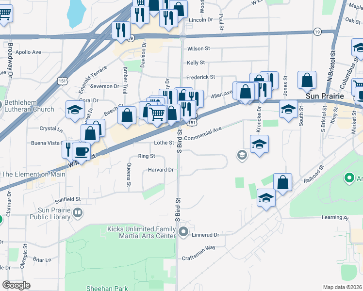 map of restaurants, bars, coffee shops, grocery stores, and more near 111 South Bird Street in Sun Prairie