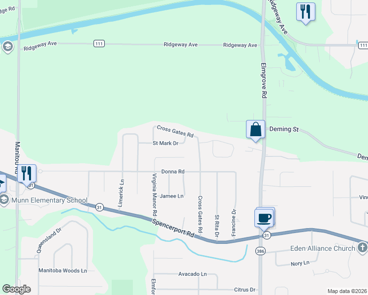 map of restaurants, bars, coffee shops, grocery stores, and more near 31 Saint Mark Drive in Rochester